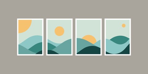 Set of oriental waves and sun. Flat minimalist design poster vector illustration.