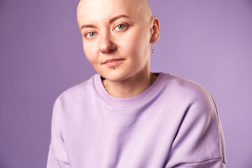 Young woman suffering from cancer laugh smile feel positive about future recovery. Millennial...