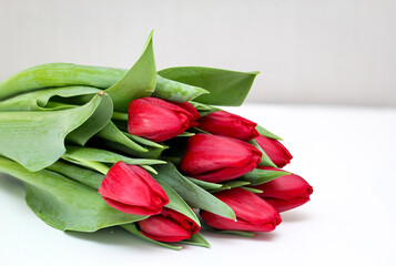Nahaufnahme eines Strauß mit wunderschönen Tulpen zum Valentinstag.