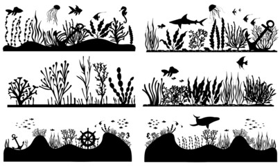 seabed with algae and fish, ocean bottom silhouette isolated vector