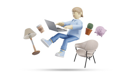 3d cartoon illustration of a young businessman or student swimming and using a computer laptop for work at home or online learning