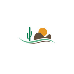 Western desert cactus, hill and sun logo vector design template