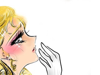 70年代少女漫画かっこいい王子様を見つめる金髪緑の瞳のお姫様と吹き出しのイラスト