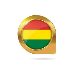 Flag of Bolivia, location map pin, pointer flag, button with the reflection of light and shadow, gold frame, Icon country. Realistic vector illustration on white background