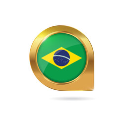 Flag of Brazil, location map pin, pointer flag, button with the reflection of light and shadow, gold frame, Icon country. Realistic vector illustration on white background