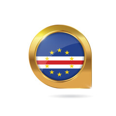 Flag of Cape Verde, location map pin, pointer flag, button with the reflection of light and shadow, gold frame, Icon country. Realistic vector illustration on white background