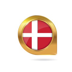 Obraz premium Flag of Denmark, location map pin, pointer flag, button with the reflection of light and shadow, gold frame, Icon country. Realistic vector illustration on white background