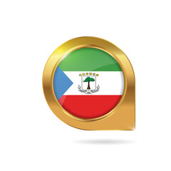 Obraz premium Flag of Equatorial Guinea, location map pin, pointer flag, button with the reflection of light and shadow, gold frame, Icon country. Realistic vector illustration on white background