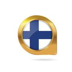 Obraz premium Flag of Finland, location map pin, pointer flag, button with the reflection of light and shadow, gold frame, Icon country. Realistic vector illustration on white background