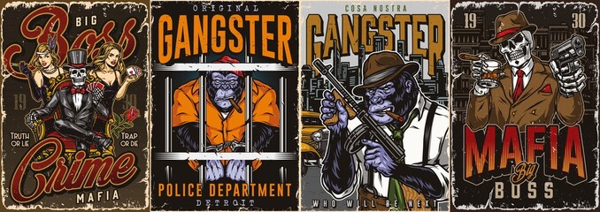 Gangster posters collection with inscription - obrazy, fototapety, plakaty