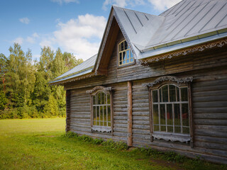 summer travel to Russia, Torzhok city. Architectural and Ethnographic Museum Vasilevo. typical buildings of the northern type - a Karelian house and barns