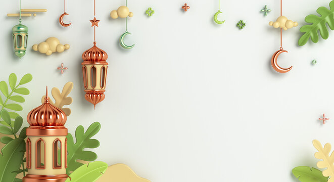 Islamic decoration background with crescent moon, lantern, leaves cartoon style, ramadan kareem, mawlid, iftar, isra  miraj, eid al fitr adha, muharram, copy space, 3D illustration.