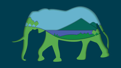 Vector graphic of elephant animal illustration and nature scenes with green, blue and purple color scheme and using paper cut out style. Background animal and landscape illustration