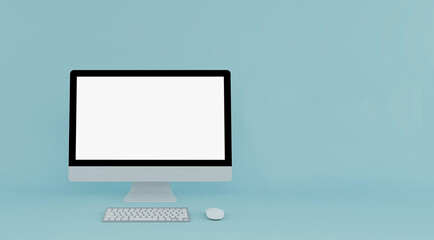 computer monitor with blank screen. Blank screen desktop computer isolated on blue background.