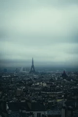 Fototapete Grün blau Blick auf die Stadt und Paris Skyline Eiffelturm mit nebligen Himmel