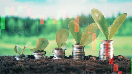 Coins with plants and live stock charts on a multilayered screen
