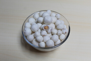 Kacang Atom, snack from Indonesia, made from peanut covered by flour dough.