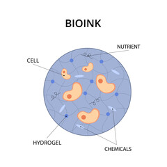 Bioink containing cells, nutrients, chemicals and hydrogel for medical 3D printing. Bioprinting, creating internal organs for transplantation. Innovation implantation