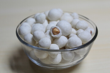 Kacang Atom, snack from Indonesia, made from peanut covered by flour dough.