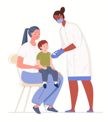 Children vaccination concept. Parent with son in doctor's office. Nurse administers vaccine to Kid sitting on her mother's lap. Vector illustration in flat cartoon style isolated on white background.
