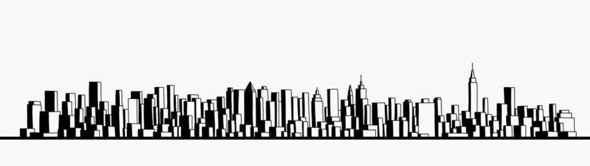modern cityscape skyline outline doodle drawing on white background.