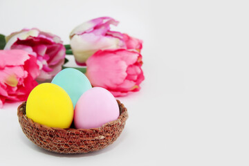 colorful easter eggs and flowers pink tulips