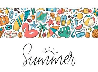 Summer lettering quote decorated  with border of doodles on white background. Good for prints, posters, cards, invitations, templates, etc. EPS 10