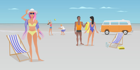 A group of friends are relaxing on the ocean coast. Panoramic view of the beach, minibus, people, beach equipment.