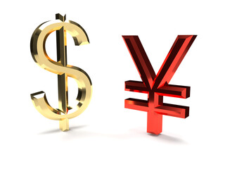 3d render golden symbol dollar red symbol yena in the white background