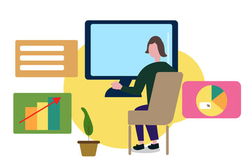 パソコン 仕事する女性 PC作業・在宅勤務・エンジニアやデザイナー ベクターイラスト