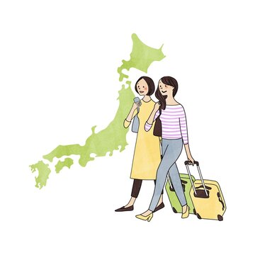 旅行する女性たちと日本地図
