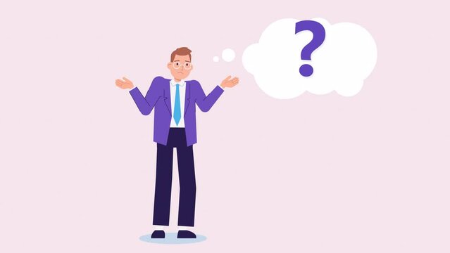 business man thinking and looking for answer. shrugs his shoulders. uncertainty, question, no solution concept. Character animation. hopelessness, despair, frustration on his face