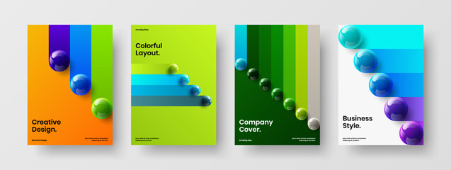 Minimalistic brochure design vector concept bundle. Modern 3D spheres book cover template collection.