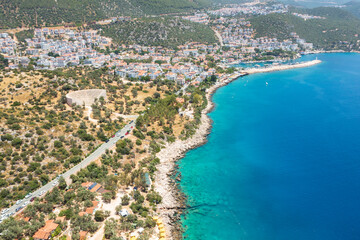 aerial view to sea coast in city Cas with view to ancient theatre in Turkey