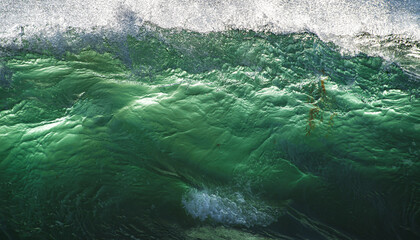 Aerial top view of a green sea with waves