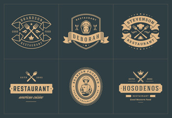 Restaurant logos templates set vector illustration good for menu labels and cafe badges