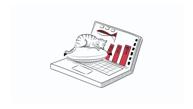 Concept IT service, business strategy. Analysis data and Investment. Business success. Financial review with laptop and infographic elements. Sleeping cat on pillow. Minimalistic style.