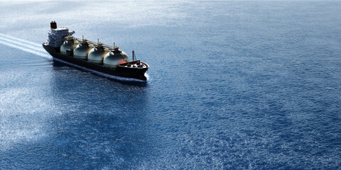 海洋を進むLNG（液化天然ガス）タンカー / エネルギー産業と海運ネットワークのコンセプトイメージ / 3Dレンダリンググラフィックス
