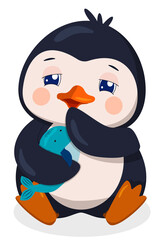A sleepy cartoon penguin cuddles the whale s favorite toy.