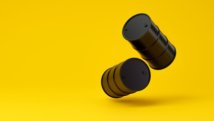 two falling black metal barrels for oil or other isolated on a yellow background. Mocap or backdrop. 3d rendering