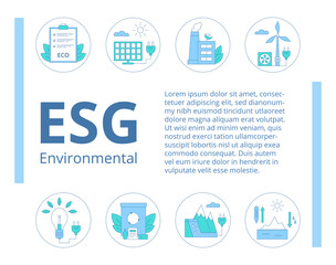 ESG environmental business concept. Template for presentation. Banner. Header with text in the center, icons above and below it. Renewable energy. Modern vector illustration. 