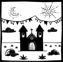 Small church in June party night. Countryside city landscape in Brazil.