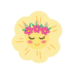 Cute sun with flower wreath. The sun, smile, good mood. Vector Illustration for printing, background, cover, greeting card, poster, sticker, textile and seasonal design. Isolated on white background.