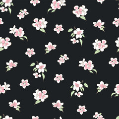 Apple blossom seamless pattern on dark background