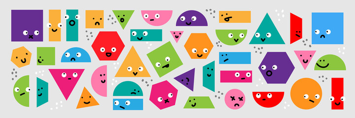 Vector set of multi colored geometric shapes. Funny comic cute characters and doodles. Cartoon background, design