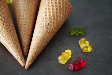 Waffle cone filled with colored jellies