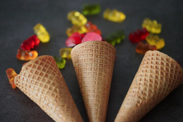 Waffle cone filled with colored jellies