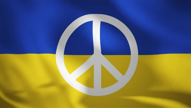 National flag of Ukraine combined with worldwide known Peace symbol. Waving banner animation. Seamless loop