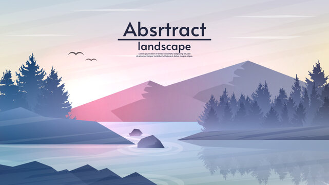 Nature evening or morning landscape. Vector illustration. Flat style design. Mountains with river. Hills with forest and rocks. Design for background, wallpaper, tourist card.