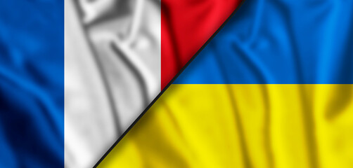 France and Ukraine two flags textile cloth, fabric texture. 3d illustration.